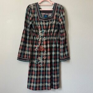 Double D Ranch Plaid‎ Dress Embroidered Bell Sleeve Western Boho Small